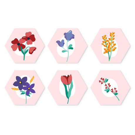 Blush Pink Botanical Sprigs mini board kit – Single flower stems on blush pink: red poppies, purple bellflower, yellow mimosa, violets, red tulip and berry sprig