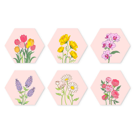 Tulip and Orchid Garden mini board kit – Garden flowers on soft pink: tulips, yellow blooms, orchids, lilac, daisies and pink peonies