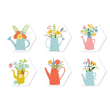 Watering Can Bouquets mini board kit – Watering cans in blue, pink, yellow and red, each overflowing with a bright bouquet of garden flowers