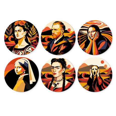 Gallery Icons in Fiery Hues mini board kit – Fiery pop-art portraits after famous paintings: flower-crowned woman, bearded painter, smiling lady, screaming figure
