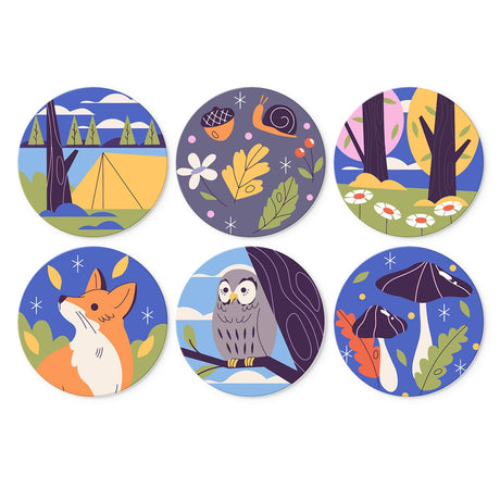 Fox and Owl Forest Camp mini board kit – Flat woodland art: tent among trees, autumn leaves and snail, flowery forest, fox, owl on a branch, toadstools
