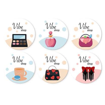Perfume and Red Heels Boutique mini board kit – Shopping and beauty with Vibe shop lettering: eyeshadow palette, perfume, handbags, a teacup and red high heels