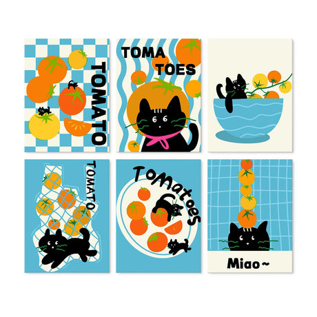 Black Cat Tomato Mischief mini board kit – Black cats playing with tomatoes on blue and checked prints: in a bowl, a net bag, on a plate, under a stack