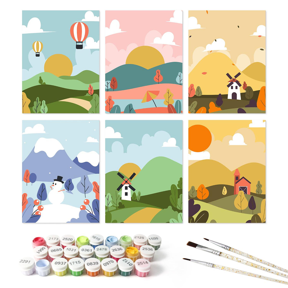 Hot Air Balloons and Windmills mini board kit – the 6 designs with the paint pots and brushes