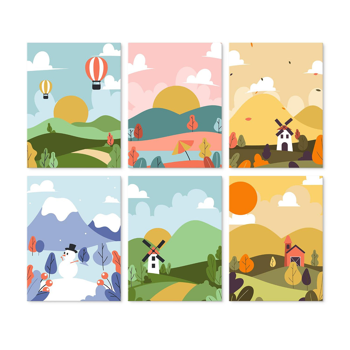 Hot Air Balloons and Windmills mini board kit – Rolling hills through the seasons: balloons, pink sunrise, windmills, a snowman and an autumn farm