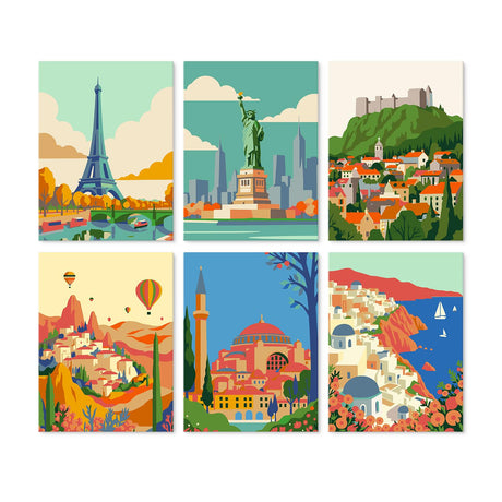 Painterly Grand Tour Vistas mini board kit – Travel scenes: Eiffel Tower, Statue of Liberty, hilltop castle, balloon valley, domed mosque, seaside town