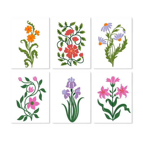 Folk-Style Iris and Lily Stems mini board kit – Flower stems on white: orange blooms, red roses, purple daisies, pink vines, purple iris and pink lilies