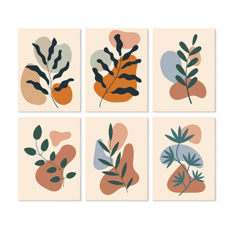 Terracotta Leaf Silhouettes mini board kit – Abstract leaf sprigs in dark green over terracotta, mustard and blue-grey shapes on cream