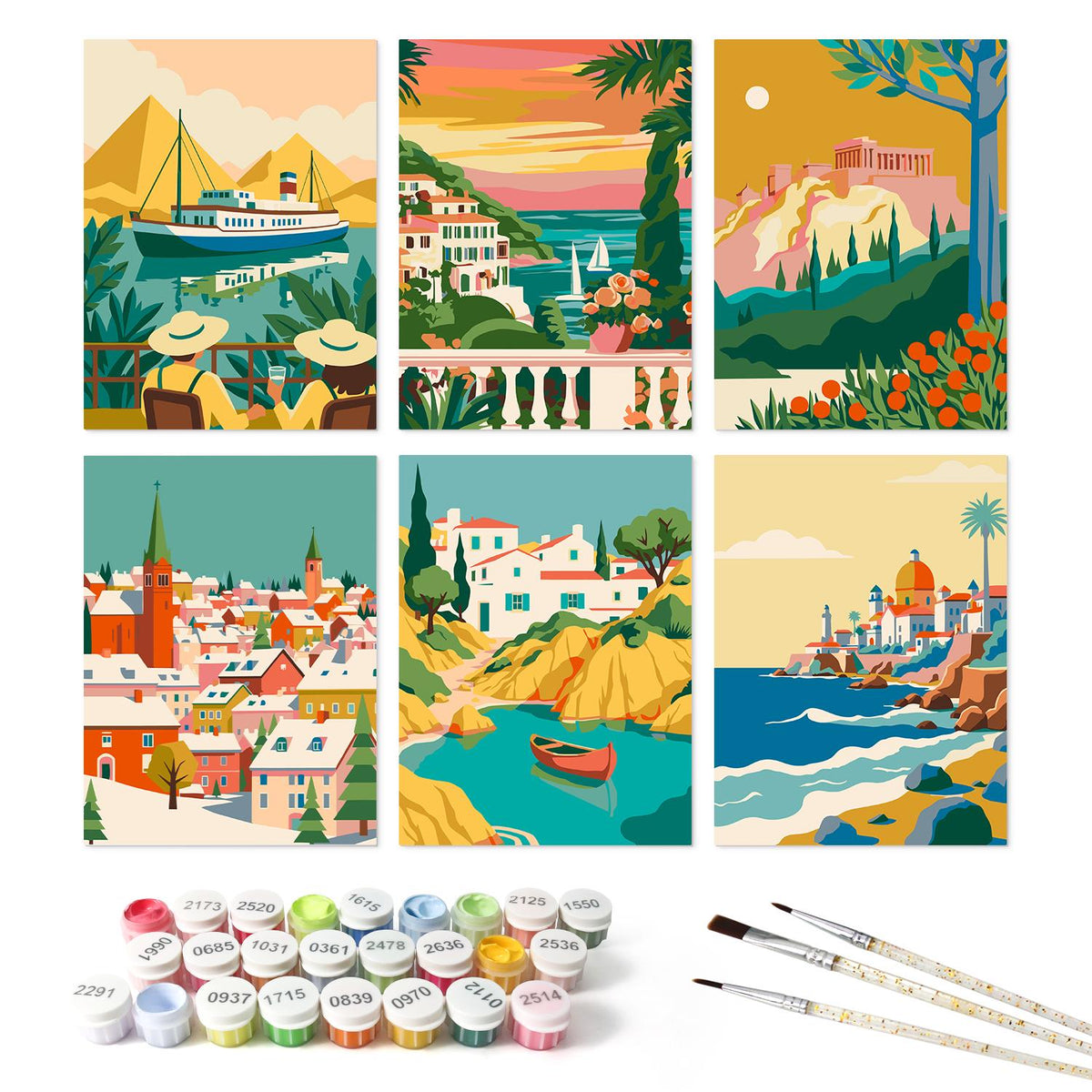Mediterranean Ferry Holiday mini board kit – the 6 designs with the paint pots and brushes