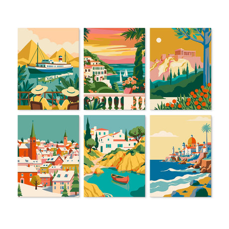 Mediterranean Ferry Holiday mini board kit – Coastal travel scenes: a ferry, a sunset village, hilltop ruins, a red-roofed town, a cove and a domed city