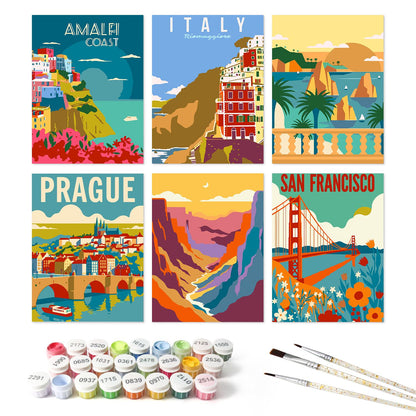 Amalfi Coast and Prague Posters mini board kit – the 6 designs with the paint pots and brushes