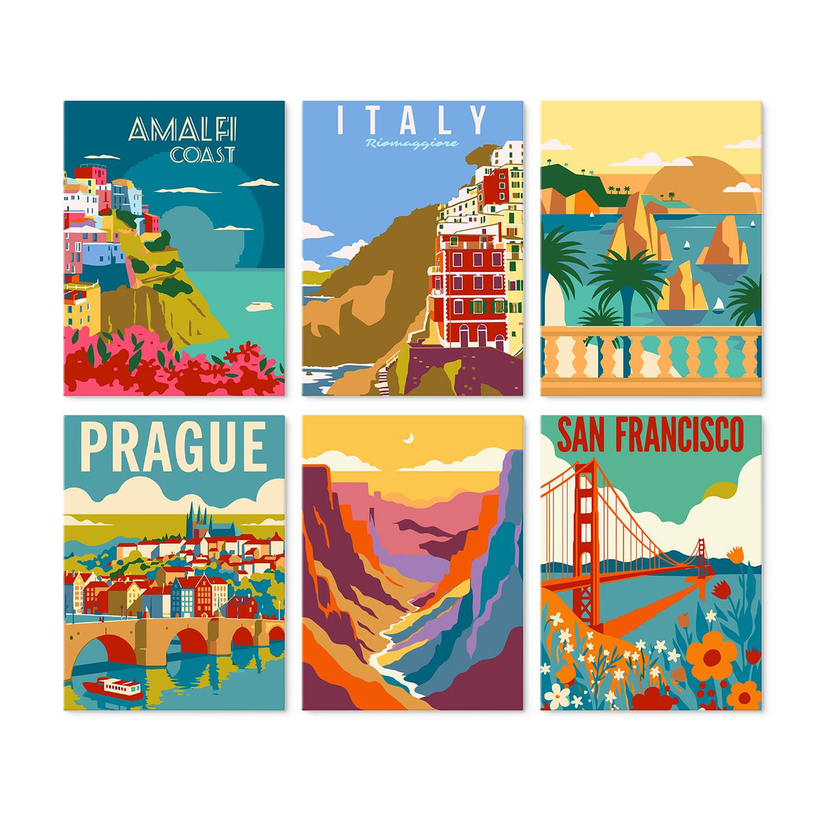 Amalfi Coast and Prague Posters mini board kit – Travel posters: Amalfi Coast, Italian cliff village, sea stacks, Prague, a canyon and a San Francisco bridge