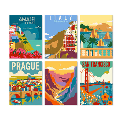 Amalfi Coast and Prague Posters mini board kit – Travel posters: Amalfi Coast, Italian cliff village, sea stacks, Prague, a canyon and a San Francisco bridge