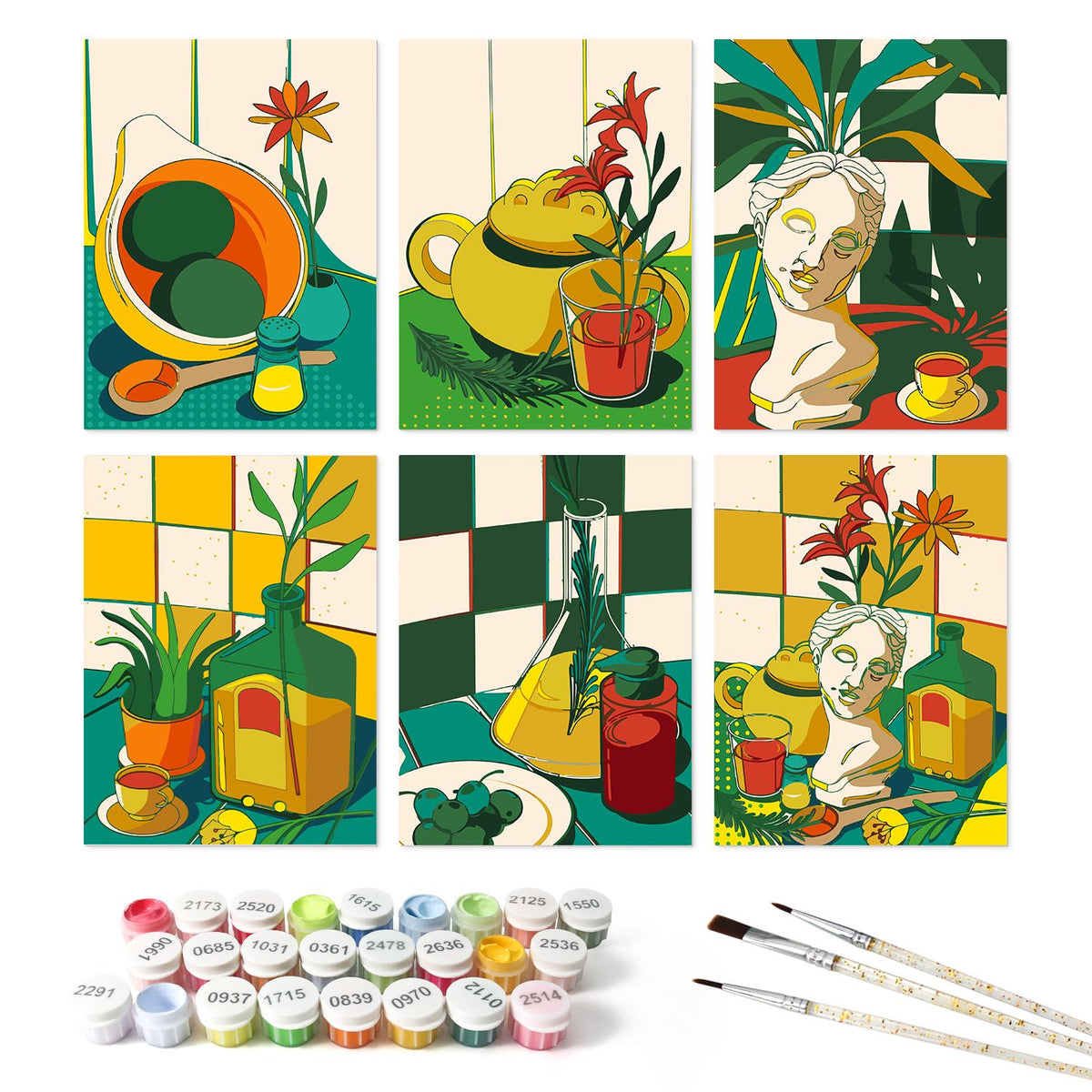 Green Kitchen Lily Still Lifes mini board kit – the 6 designs with the paint pots and brushes
