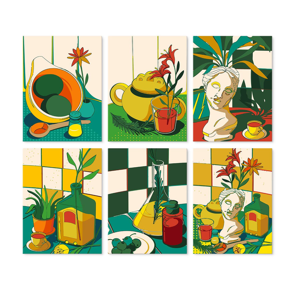 Green Kitchen Lily Still Lifes mini board kit – Pop art still lifes in green, yellow and red: lilies, a teapot, classical busts, bottles and checkered tiles