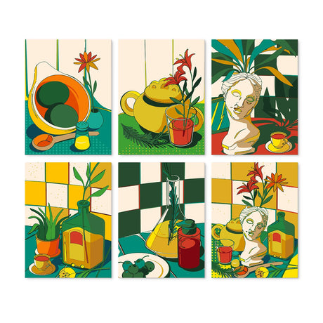 Green Kitchen Lily Still Lifes mini board kit – Pop art still lifes in green, yellow and red: lilies, a teapot, classical busts, bottles and checkered tiles
