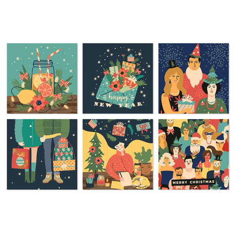 Party Hat New Year Cheer mini board kit – Holiday party scenes: punch jar, Happy New Year envelope, couple in party hats, gifts, a tree and a festive crowd