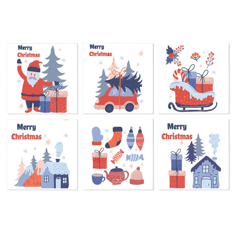 Tree on the Car Christmas mini board kit – Santa with gifts, red car carrying a tree, sleigh, snowy cottages and winter mittens and ornaments in red and blue