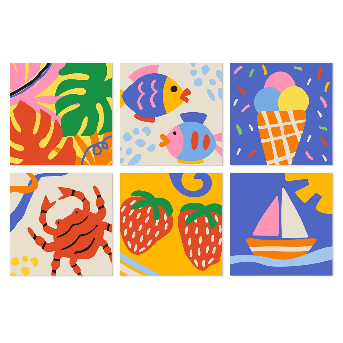 Sailboat and Strawberry Summer mini board kit – Bold flat designs of monstera leaves, two fish, an ice cream cone, a crab, strawberries and a sailboat