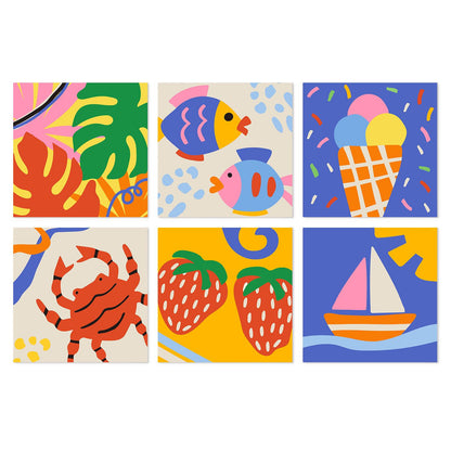 Sailboat and Strawberry Summer mini board kit – Bold flat designs of monstera leaves, two fish, an ice cream cone, a crab, strawberries and a sailboat