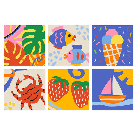 Sailboat and Strawberry Summer mini board kit – Bold flat designs of monstera leaves, two fish, an ice cream cone, a crab, strawberries and a sailboat