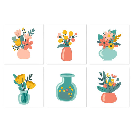 Coral and Teal Vase Bouquets mini board kit – Small bouquets of pink, yellow and orange flowers in coral, teal and green vases on white