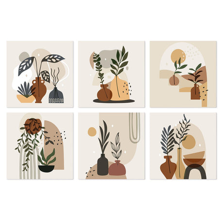 Boho Neutral Vase Botanicals mini board kit – Boho abstract vases and pots with leafy stems, arches and suns in beige, terracotta, black and olive