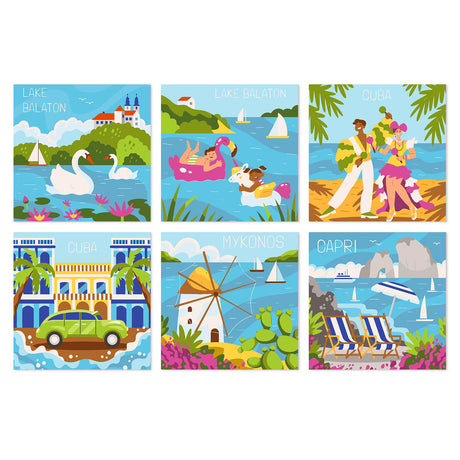 Mykonos to Capri Postcards mini board kit – Travel scenes of Lake Balaton swans and swimmers, Cuban dancers and vintage car, a Mykonos windmill and Capri beach