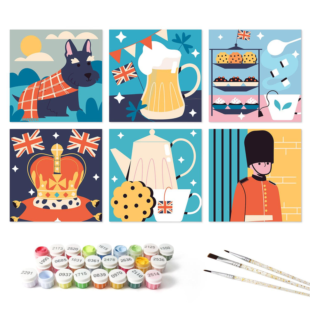 Royal Guard and Teatime Britain mini board kit – the 6 designs with the paint pots and brushes