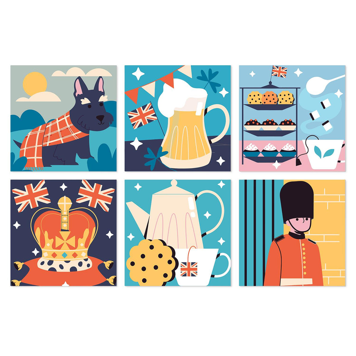 Royal Guard and Teatime Britain mini board kit – British icons: Scottie dog in tartan, beer with flag bunting, afternoon tea stand, crown, teapot and royal guard