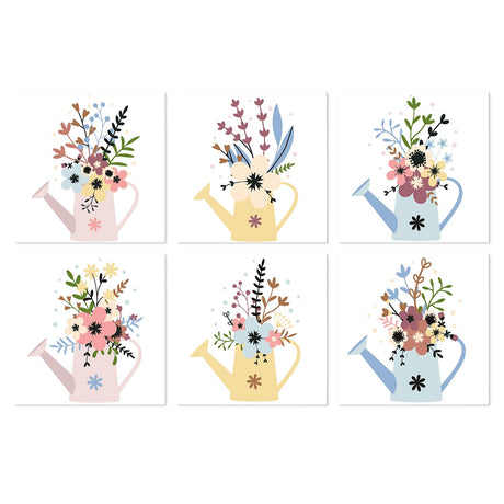 Spilling Blooms in Pastel Cans mini board kit – Pastel pink, yellow and blue watering cans overflowing with wildflowers, lavender and leafy sprigs