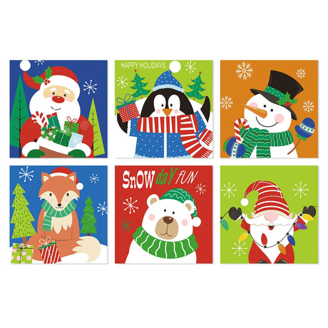 Snow Day Fox and Penguin mini board kit – Santa with gifts, penguin in a scarf, top hat snowman, fox by a tree, polar bear and a gnome on bright colors