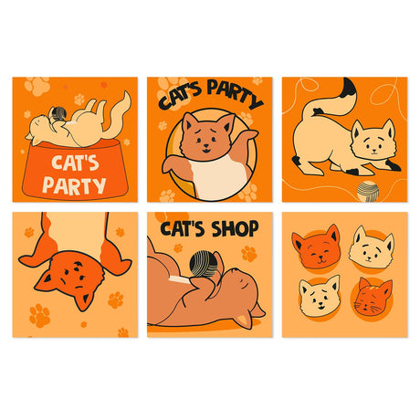 Yarn Ball Cat Shenanigans mini board kit – Ginger and cream cartoon cats playing with yarn, stretching and hanging on orange, with Cat's Party lettering