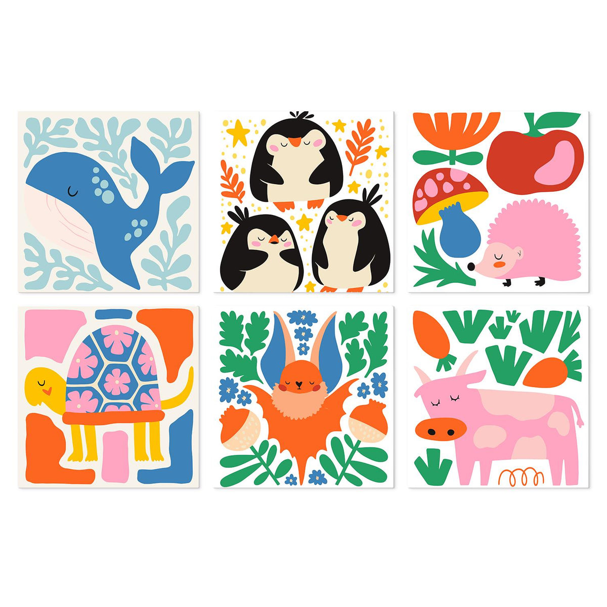Bold Penguin and Whale Friends mini board kit – Flat bold whale, penguins, hedgehog with apple and mushroom, turtle, orange bat and pink cow with carrots