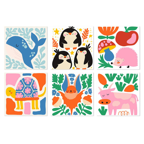 Bold Penguin and Whale Friends mini board kit – Flat bold whale, penguins, hedgehog with apple and mushroom, turtle, orange bat and pink cow with carrots