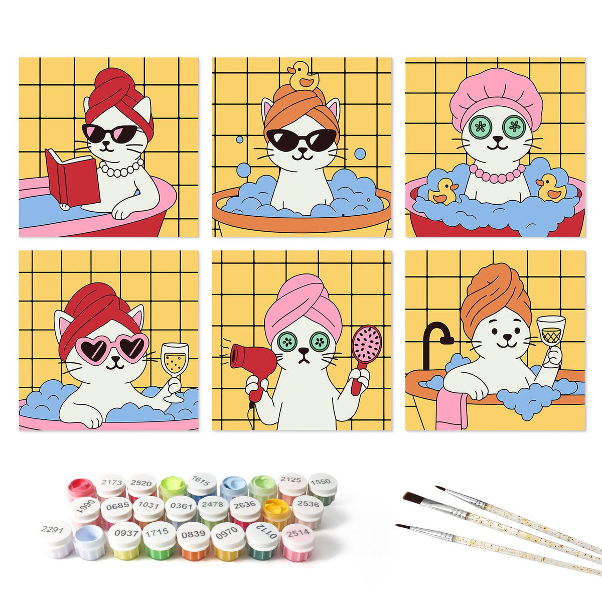 Mustard Tile Bubble Bath Cats mini board kit – the 6 designs with the paint pots and brushes