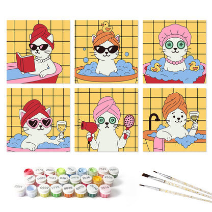 Mustard Tile Bubble Bath Cats mini board kit – the 6 designs with the paint pots and brushes