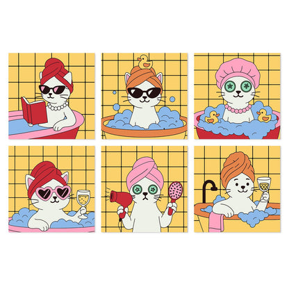Mustard Tile Bubble Bath Cats mini board kit – White cats in bubble baths with towel turbans, sunglasses, rubber ducks, eye masks and wine on yellow tiles