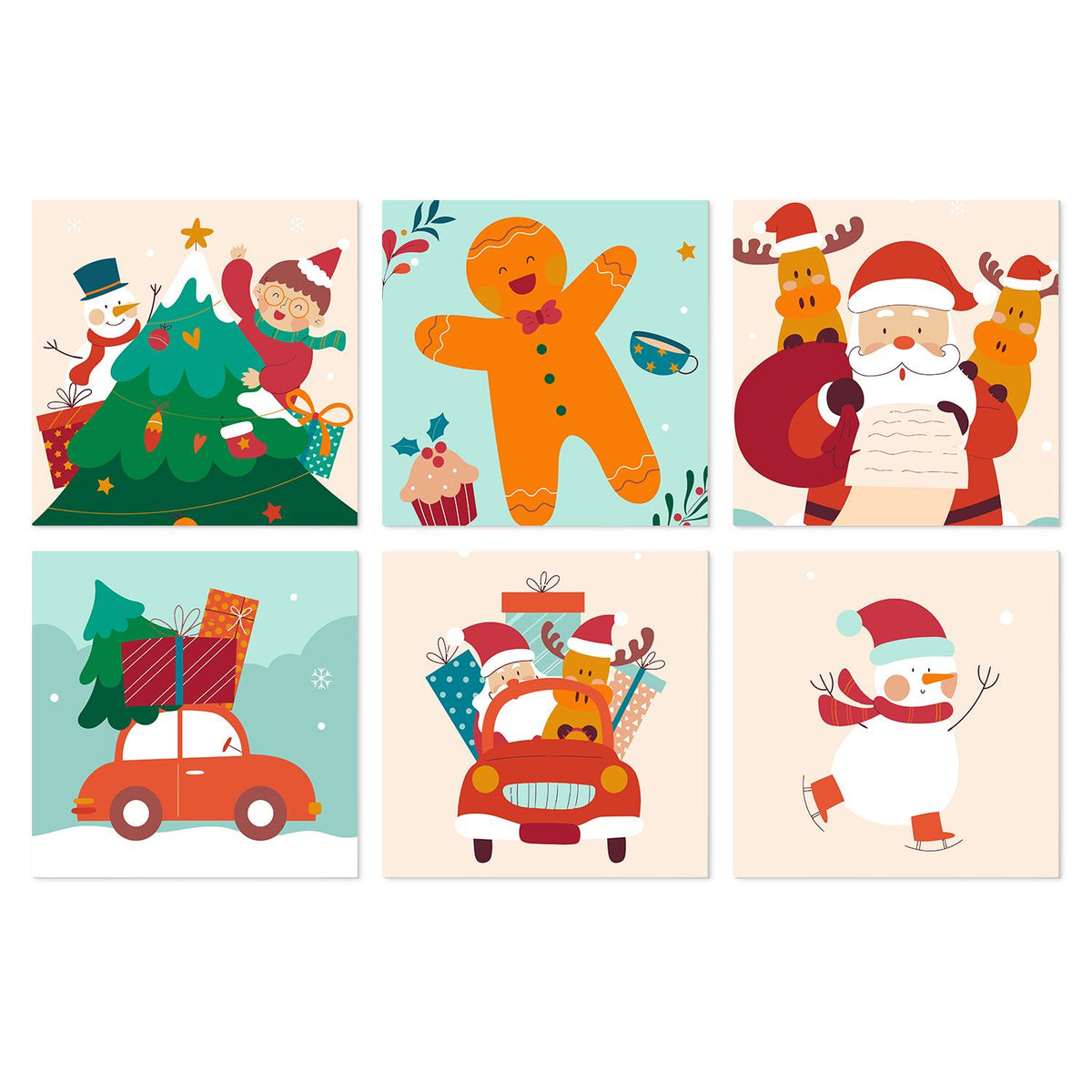 Dancing Gingerbread Holiday mini board kit – Christmas tree with elf and snowman, gingerbread man, Santa with reindeer, red cars with gifts and a skating snowman