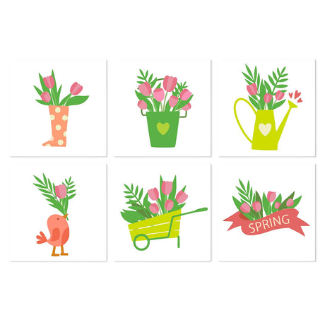 Tulips in Boots and Barrows mini board kit – Pink tulips in a polka-dot boot, bucket, watering can, wheelbarrow, with a little bird and a Spring banner