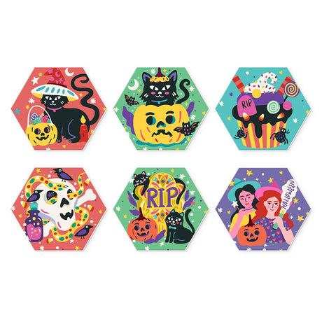 Candy Skulls and Black Cats mini board kit – Halloween designs: black cats with pumpkins, a spooky cupcake, a candy skull, an RIP tombstone and two young witches