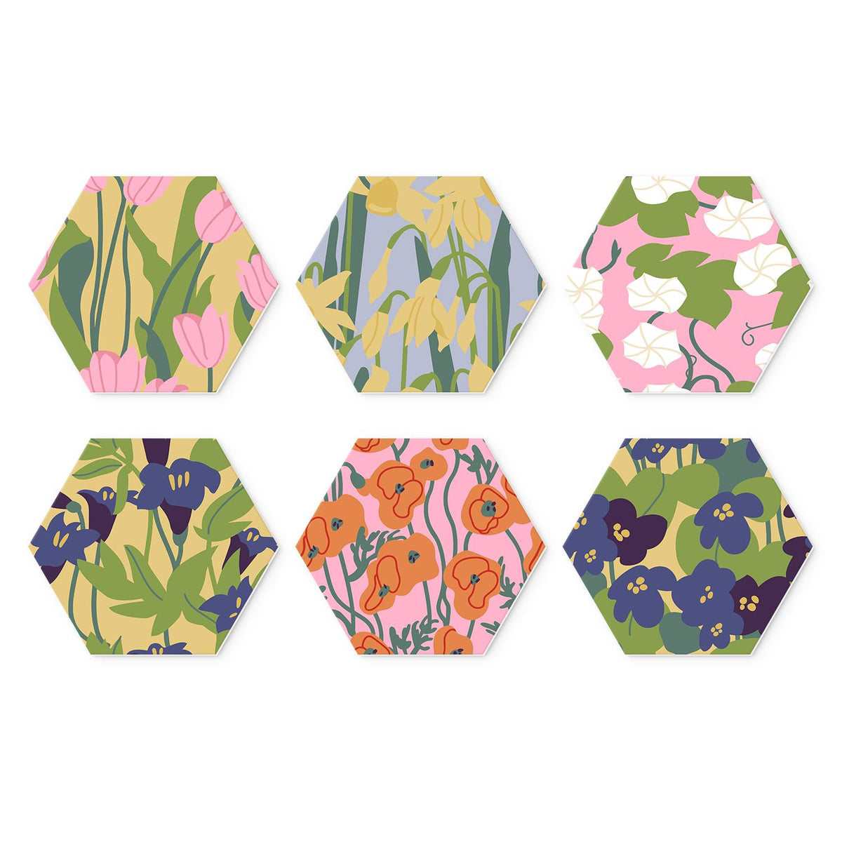 Iris and Poppy Patterns mini board kit – Close-up flower patterns: pink tulips, yellow lilies, white blossoms on pink, purple irises, orange poppies, pansies