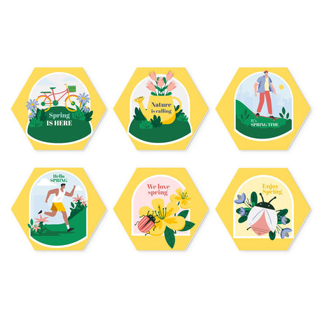 Hello Spring Sunshine Scenes mini board kit – Spring lettering on yellow: bicycle with flowers, blossoms, a hiker, a runner, a ladybird on lilies and a bee