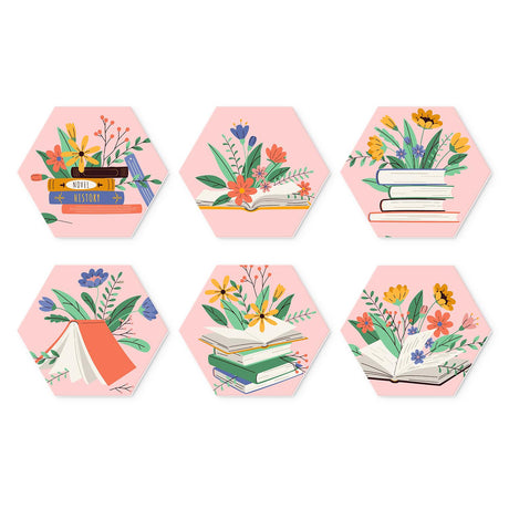 Blooming Book Stacks mini board kit – Stacks of books and open books sprouting colourful wildflowers on soft pink