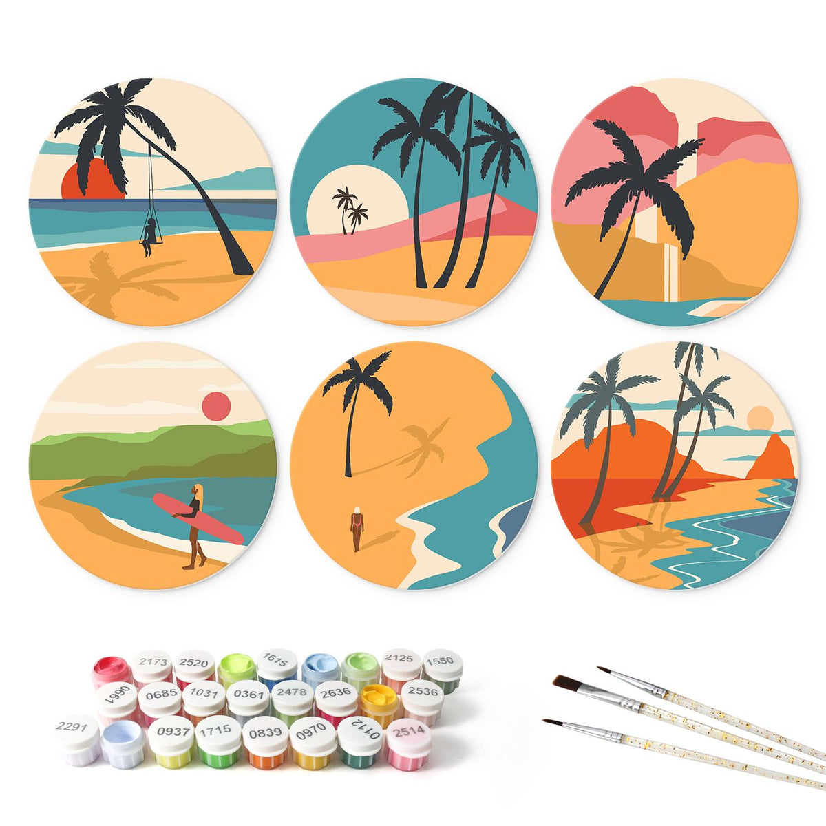 Palm Tree Swing at Dusk mini board kit – the 6 designs with the paint pots and brushes