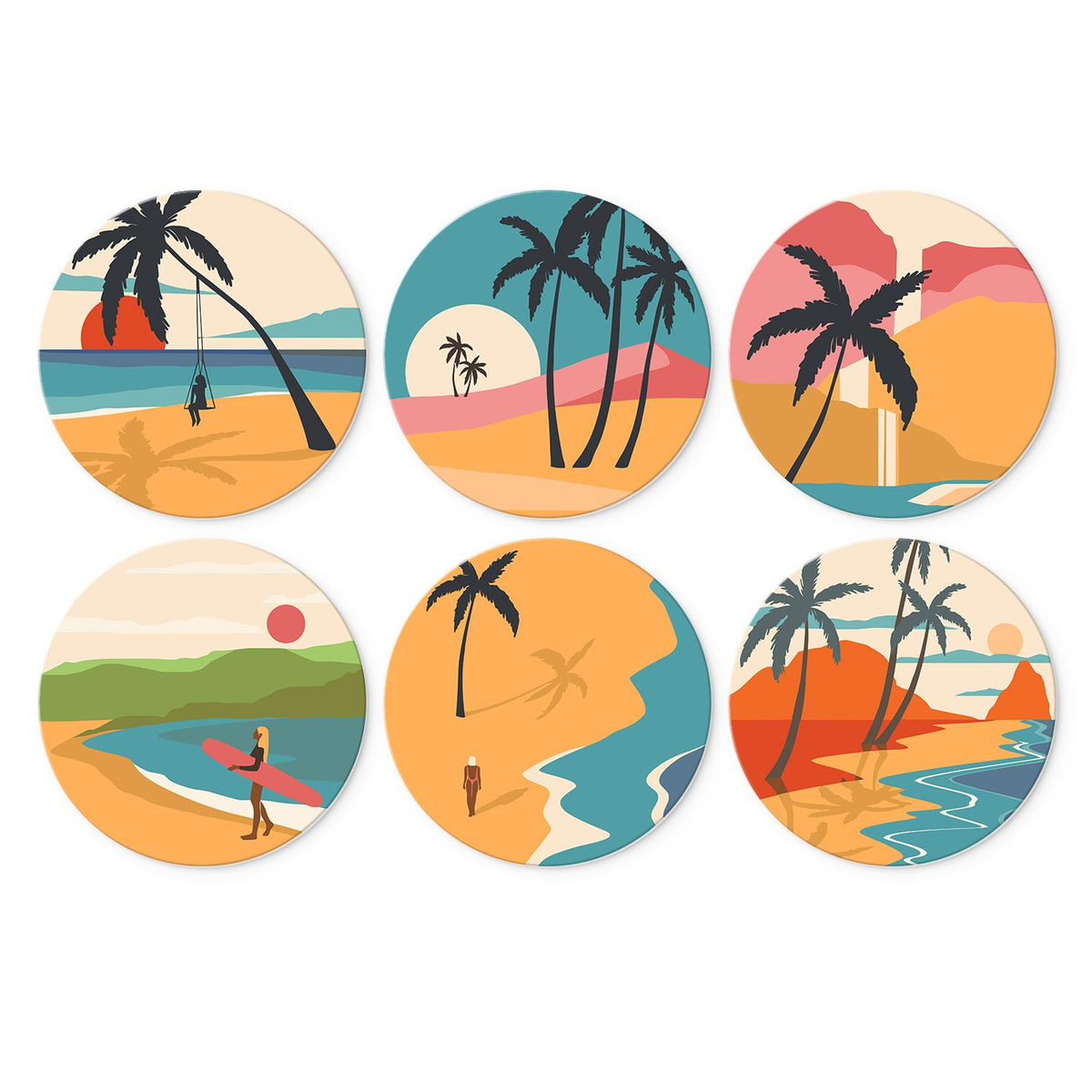 Palm Tree Swing at Dusk mini board kit – Tropical beaches: palm swing at sunset, palms on teal, pink cliffs, a surfer on shore, a sandy cove, palms at dusk