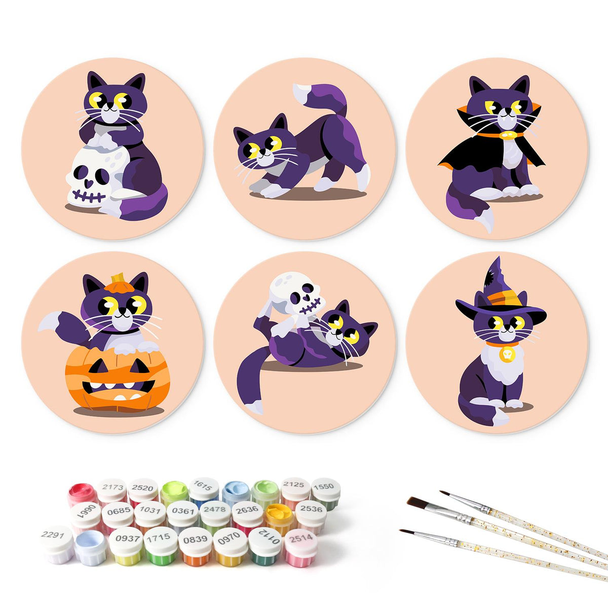 Purple Cats and Skeletons mini board kit – the 6 designs with the paint pots and brushes