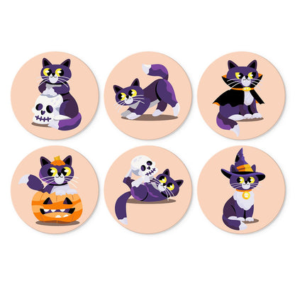 Purple Cats and Skeletons mini board kit – Purple cats on peach: with a skull, stretching, in a cape, in a pumpkin, with a skeleton and in a witch hat
