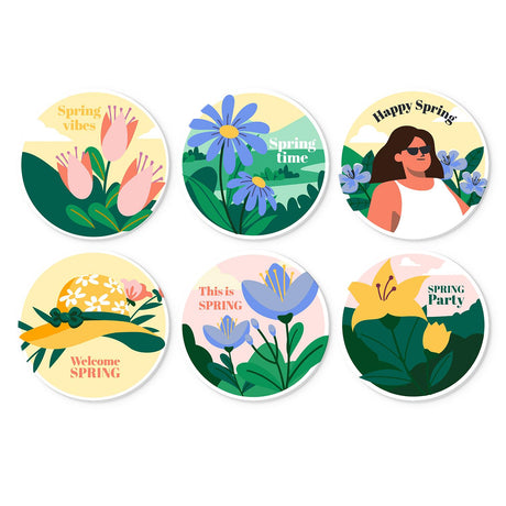 Welcome Spring Crocus Greetings mini board kit – Spring lettering on white: tulips, blue daisy, woman in sunglasses, flowered sun hat, blue crocus, yellow lily