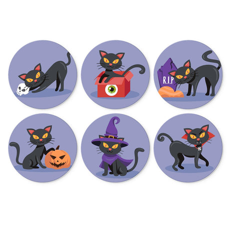 Spooky Black Cats on Purple mini board kit – Black cats on purple: with a skull, in a box, by an RIP tombstone, with a pumpkin, in a witch hat, in a vampire cape